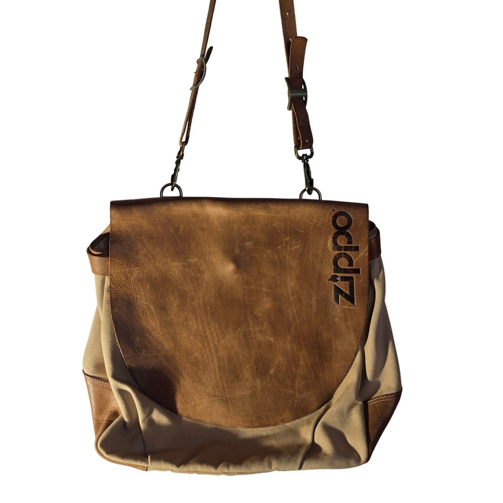 Zippo Messenger Bag Tan Canvas Brown Leather Embossed Logo Crossbody Work Bag